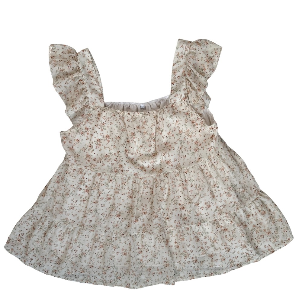 Floral Ruffle Sleeve Tiered Babydoll Top Large Cream Lined Chiffon Prairiecore